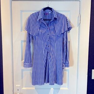 Blue Gingham Dress, Large, button front, cape on shoulders (doesn’t detach)